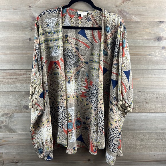 Umgee Other - Umgee Womens Kimono Open‎ Front Pom Pom Fringe Feather Southwestern Medium Large